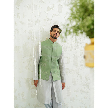 Runit Gupta Geometry Seafoam Kurta with Pyjama and Nehru Jacket