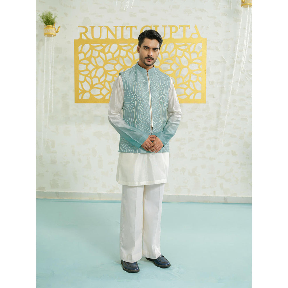 Runit Gupta Contour Blue Zipper Kurta with Pyjama and Nehru Jacket