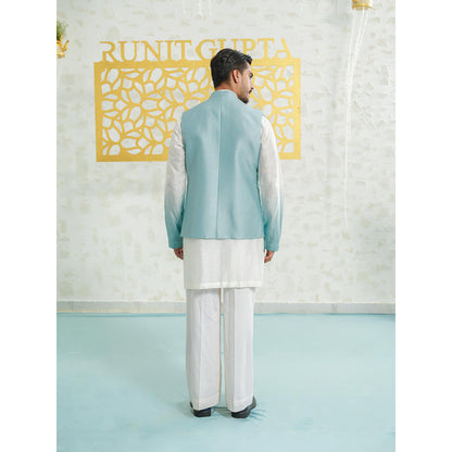 Runit Gupta Contour Blue Zipper Kurta with Pyjama and Nehru Jacket