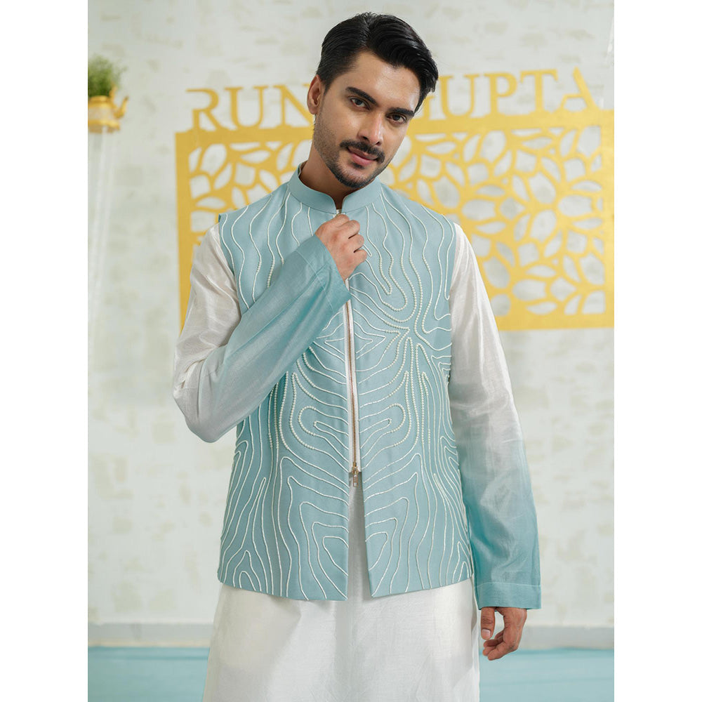 Runit Gupta Contour Blue Zipper Kurta with Pyjama and Nehru Jacket