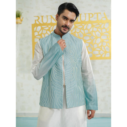 Runit Gupta Contour Blue Zipper Kurta with Pyjama and Nehru Jacket