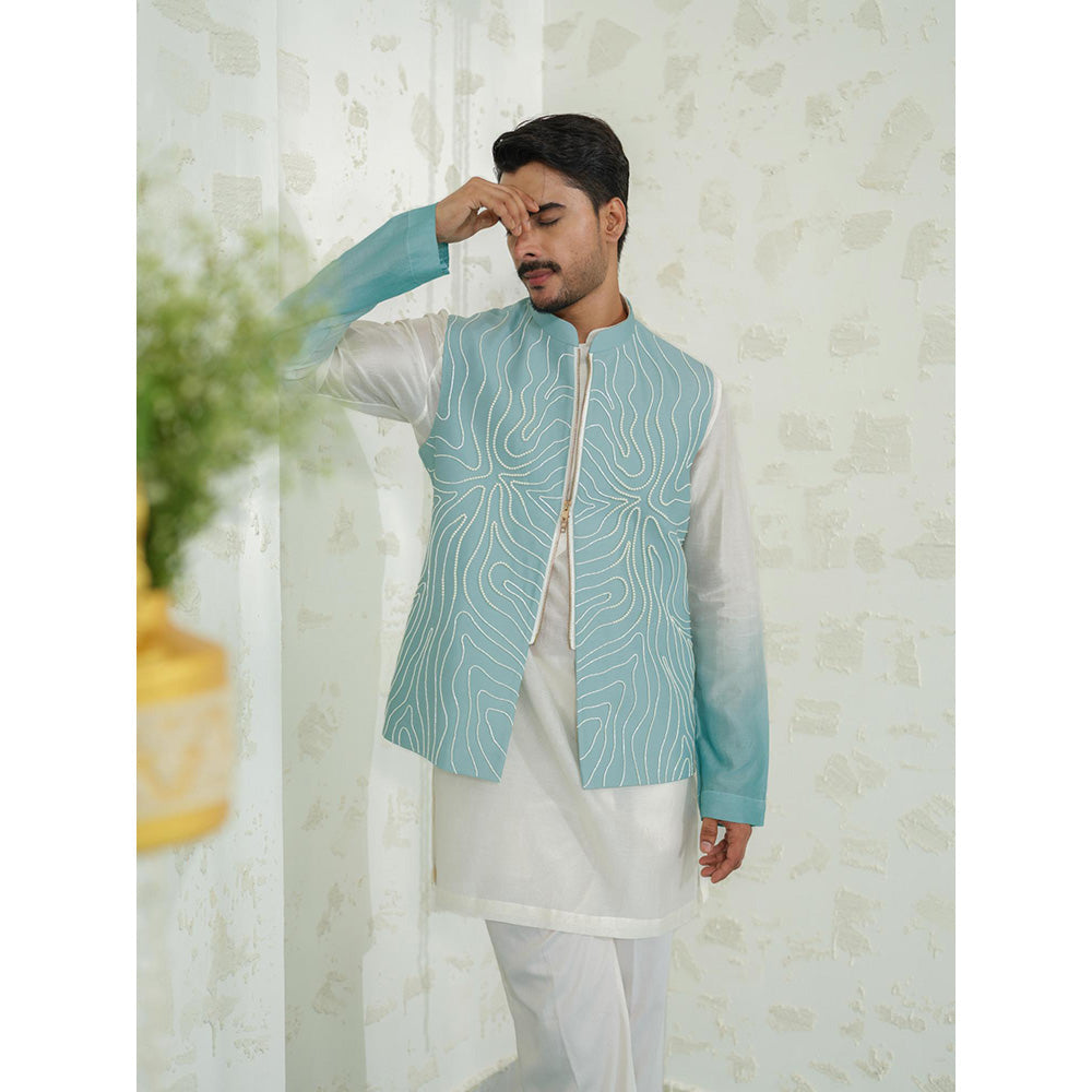 Runit Gupta Contour Blue Zipper Kurta with Pyjama and Nehru Jacket