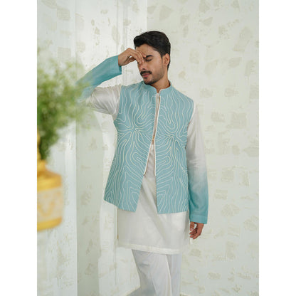 Runit Gupta Contour Blue Zipper Kurta with Pyjama and Nehru Jacket