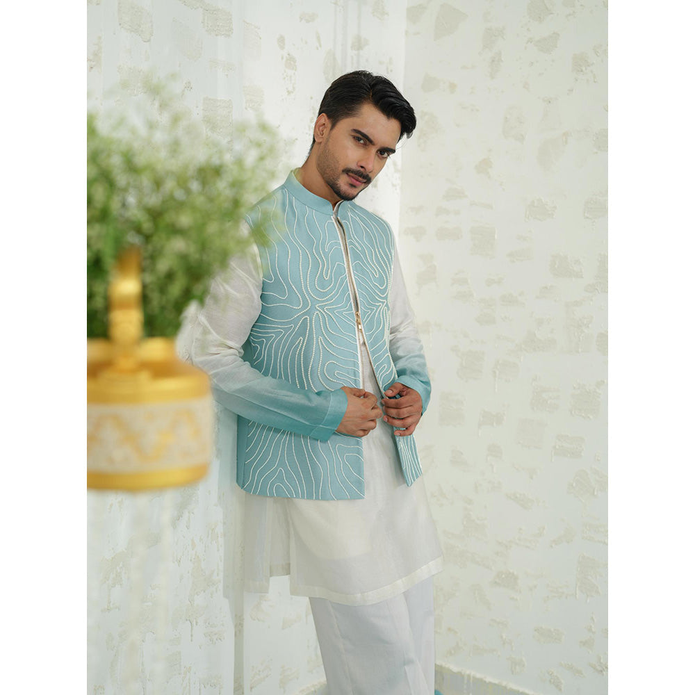Runit Gupta Contour Blue Zipper Kurta with Pyjama and Nehru Jacket