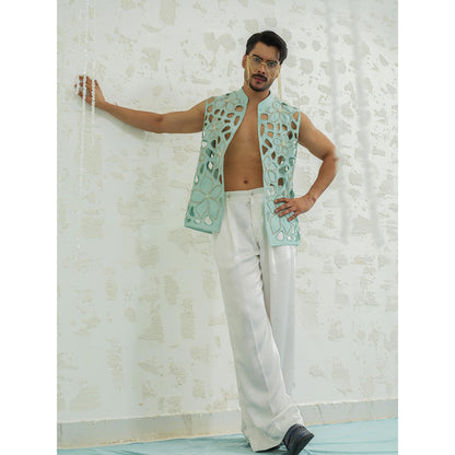 Runit Gupta Blue Cutwork Floral Nehru Jacket