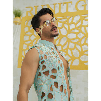 Runit Gupta Blue Cutwork Floral Nehru Jacket