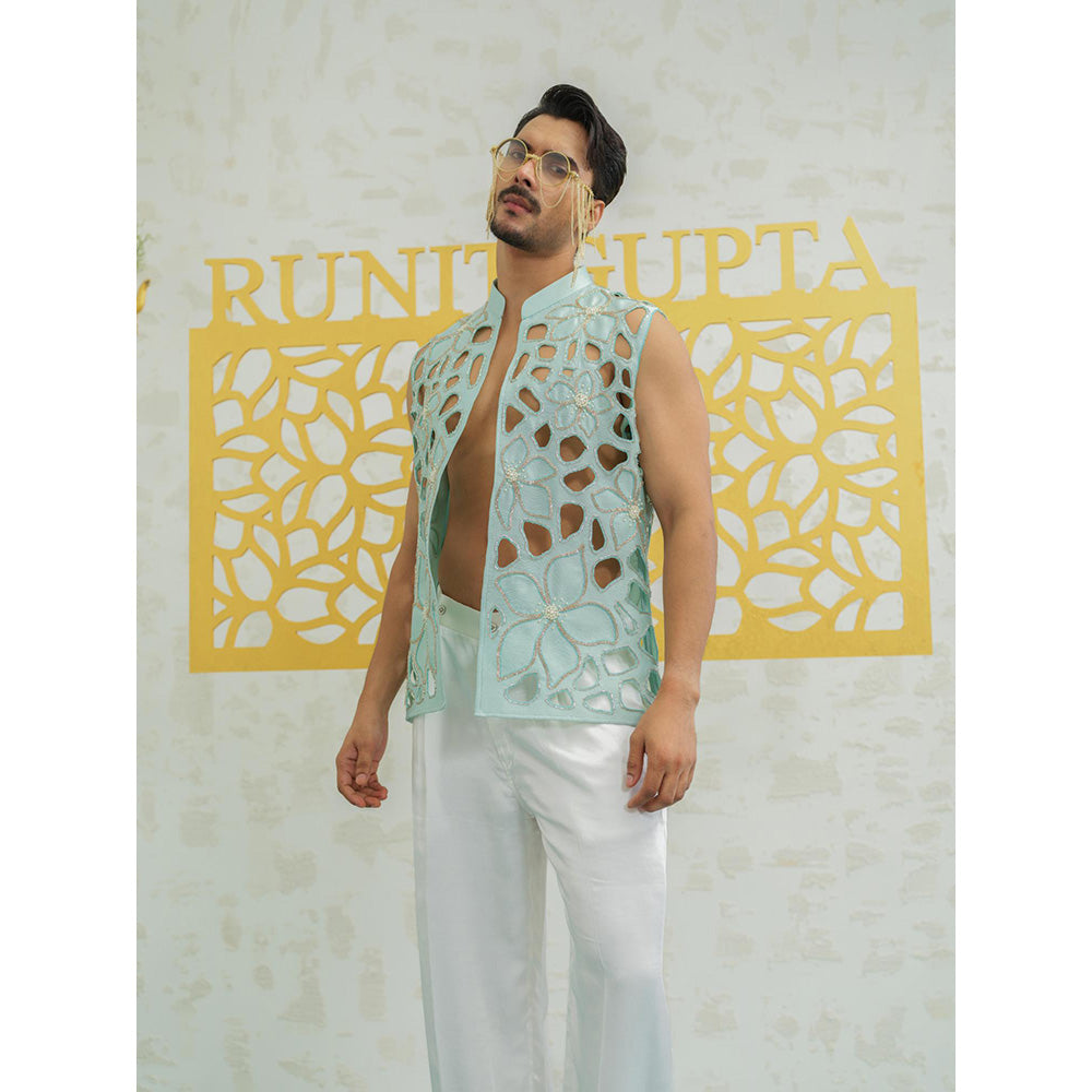 Runit Gupta Blue Cutwork Floral Nehru Jacket