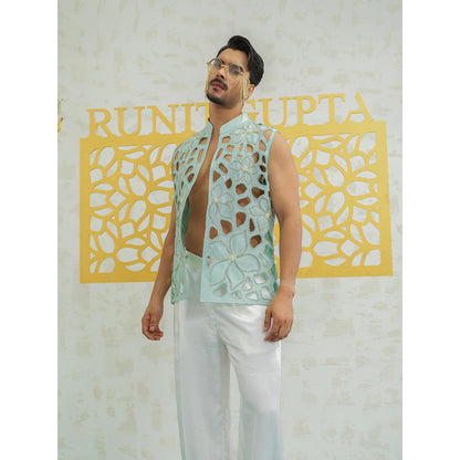 Runit Gupta Blue Cutwork Floral Nehru Jacket