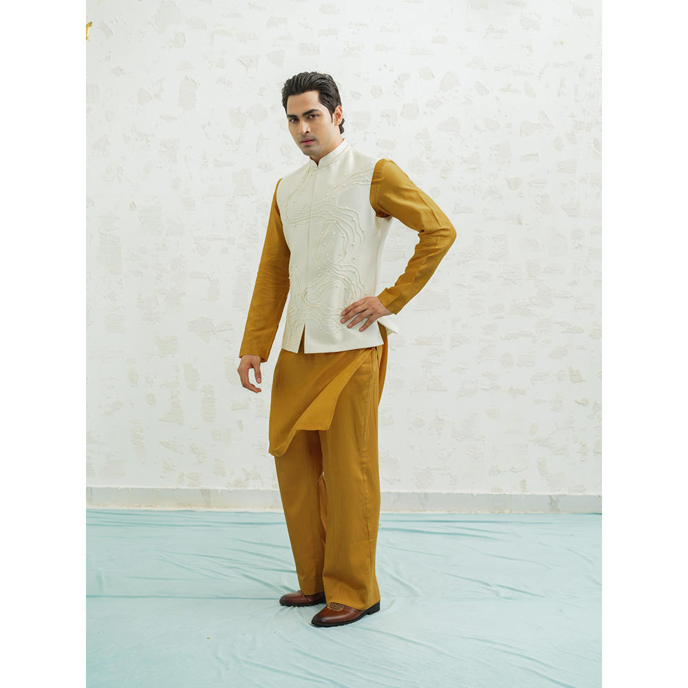 Runit Gupta Dusty Ivory Contour Kurta with Pyjama and Nehru Jacket