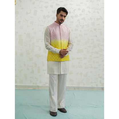 Runit Gupta Pink Yellow Duo Kurta with Pyjama and Nehru Jacket