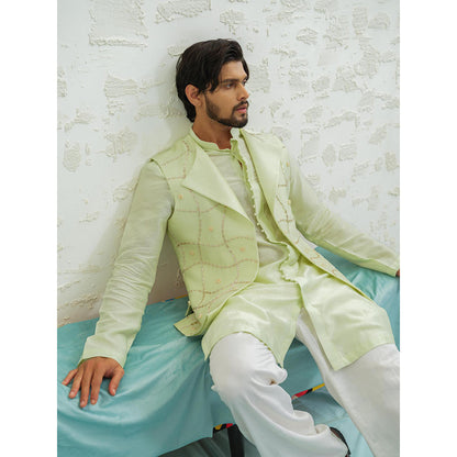 Runit Gupta Pista Duo Flap Kurta with Pyjama and Nehru Jacket
