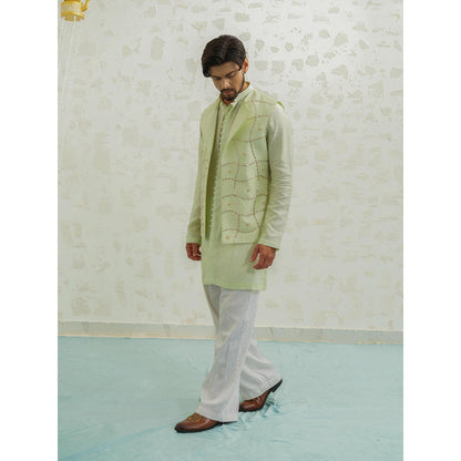 Runit Gupta Pista Duo Flap Kurta with Pyjama and Nehru Jacket