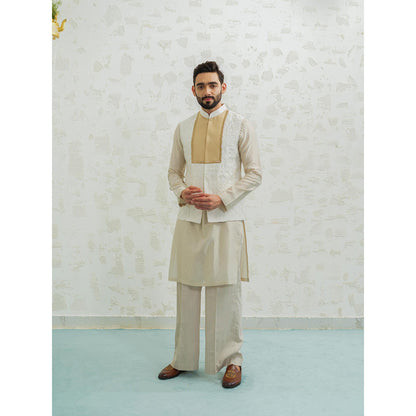 Runit Gupta Ochre Patch Semicircle Kurta with Pyjama and Nehru Jacket
