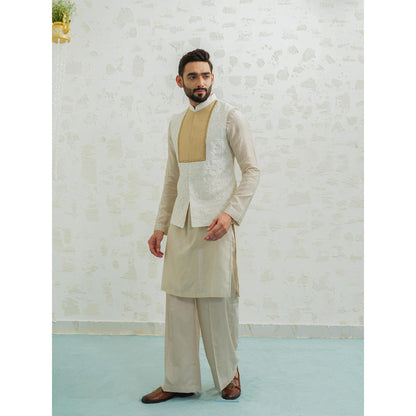Runit Gupta Ochre Patch Semicircle Kurta with Pyjama and Nehru Jacket