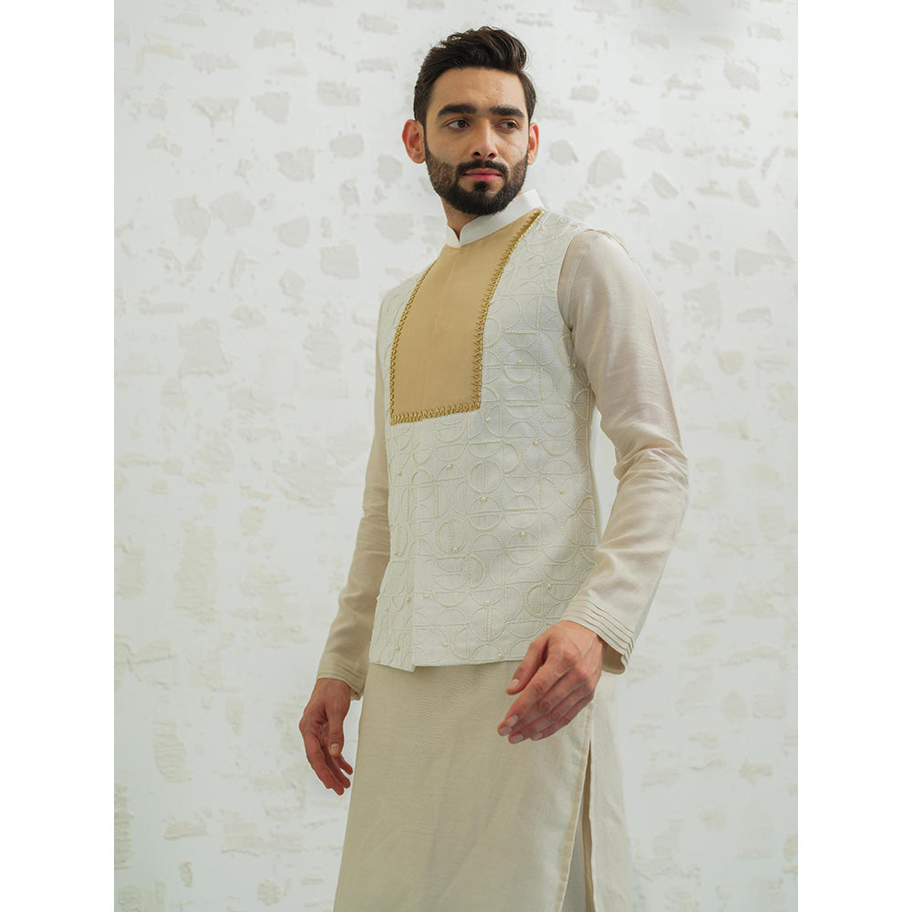 Runit Gupta Ochre Patch Semicircle Kurta with Pyjama and Nehru Jacket