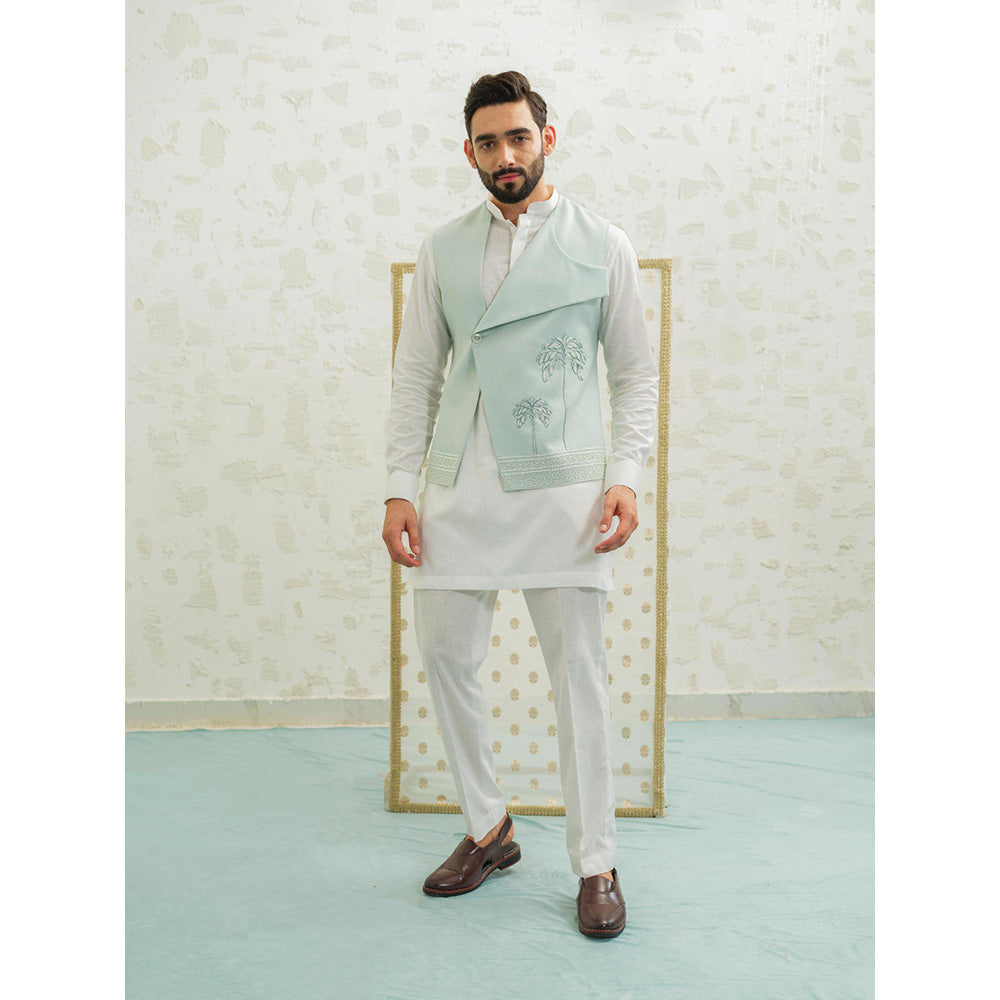 Runit Gupta Flap Palm Blue Kurta with Pyjama and Nehru Jacket
