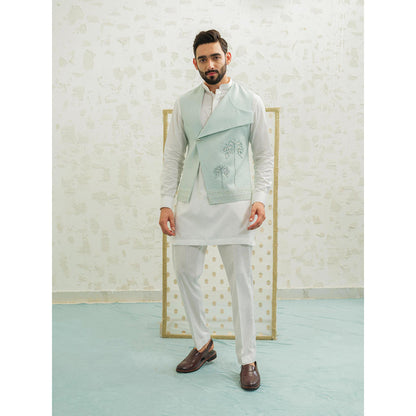 Runit Gupta Flap Palm Blue Kurta with Pyjama and Nehru Jacket