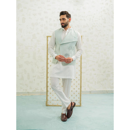 Runit Gupta Flap Palm Blue Kurta with Pyjama and Nehru Jacket