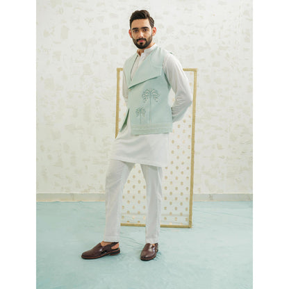 Runit Gupta Flap Palm Blue Kurta with Pyjama and Nehru Jacket