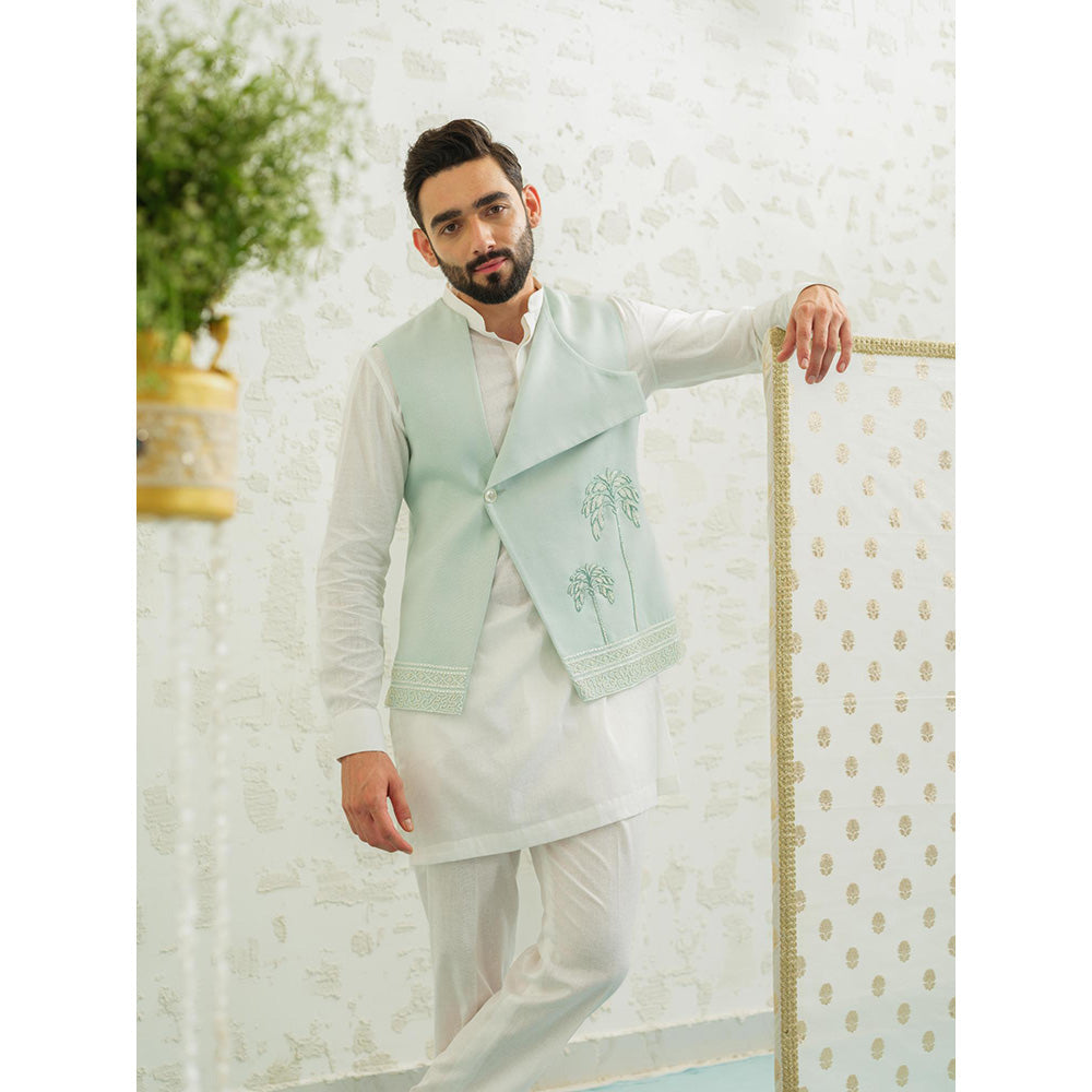 Runit Gupta Flap Palm Blue Kurta with Pyjama and Nehru Jacket