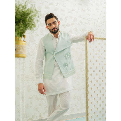 Runit Gupta Flap Palm Blue Kurta with Pyjama and Nehru Jacket