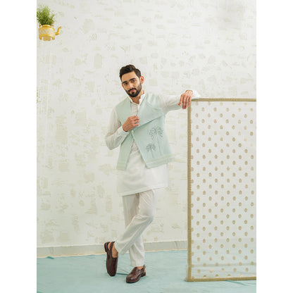 Runit Gupta Flap Palm Blue Kurta with Pyjama and Nehru Jacket