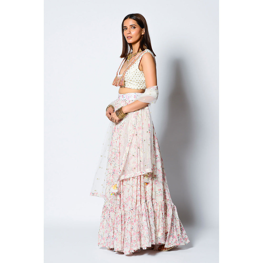 RV Pret Glass Neckline Embroidered Blouse Paired with Gathered Skirt & Dupatta (Set of 3)