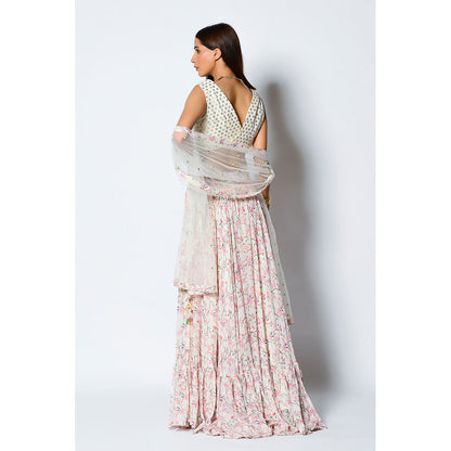 RV Pret Glass Neckline Embroidered Blouse Paired with Gathered Skirt & Dupatta (Set of 3)