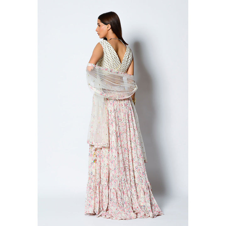 RV Pret Glass Neckline Embroidered Blouse Paired with Gathered Skirt & Dupatta (Set of 3)