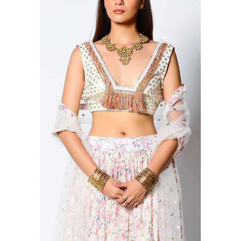 RV Pret Glass Neckline Embroidered Blouse Paired with Gathered Skirt & Dupatta (Set of 3)