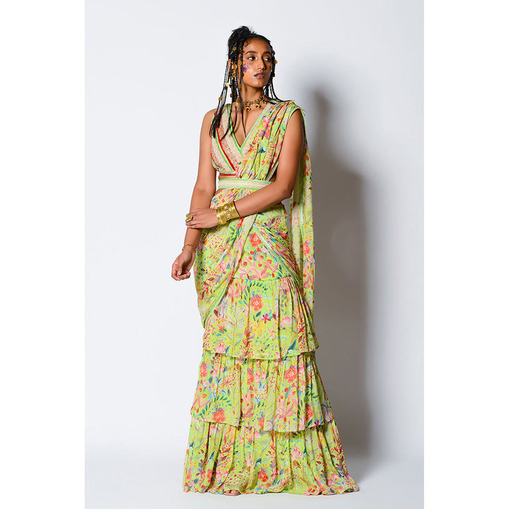 RV Pret Drape Saree Flora Print Paired with Belt & V Neck Stitched Blouse