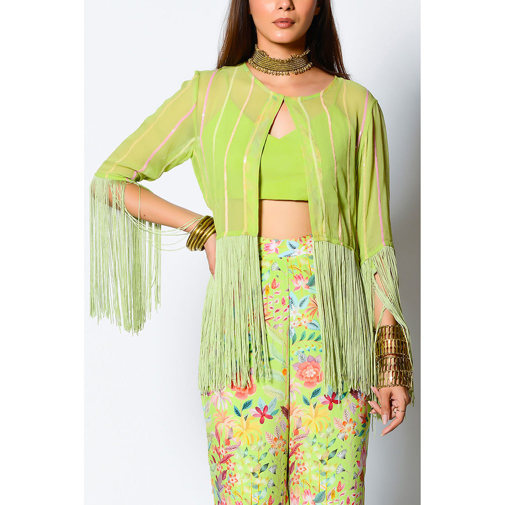 RV Pret Cape with Long Fringe Tassels Teamed Up Strappy Croptop & Pant (Set of 3)