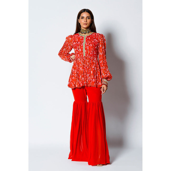 RV Pret Paprika Red Georgette Peplum Top Paired with Ghrarara (Set of 2)