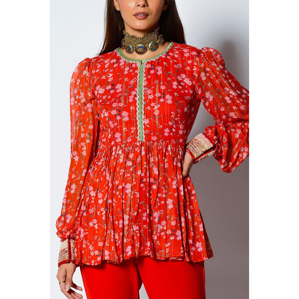 RV Pret Paprika Red Georgette Peplum Top Paired with Ghrarara (Set of 2)