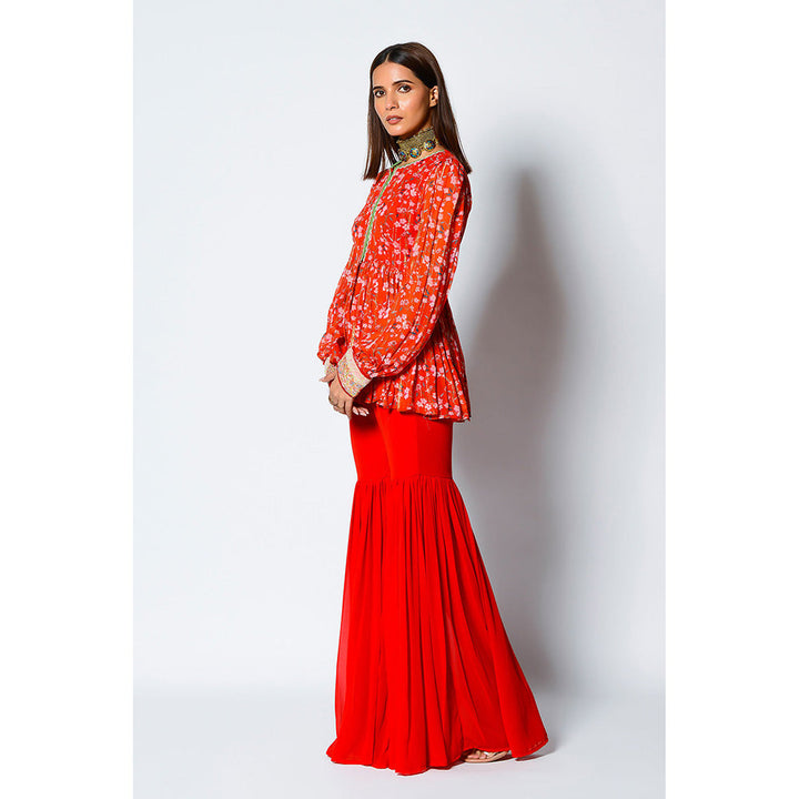 RV Pret Paprika Red Georgette Peplum Top Paired with Ghrarara (Set of 2)