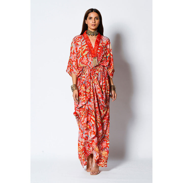 RV Pret Paprika Drape Kaftan with Blooming Fresh Vibes Adorned At Neckline