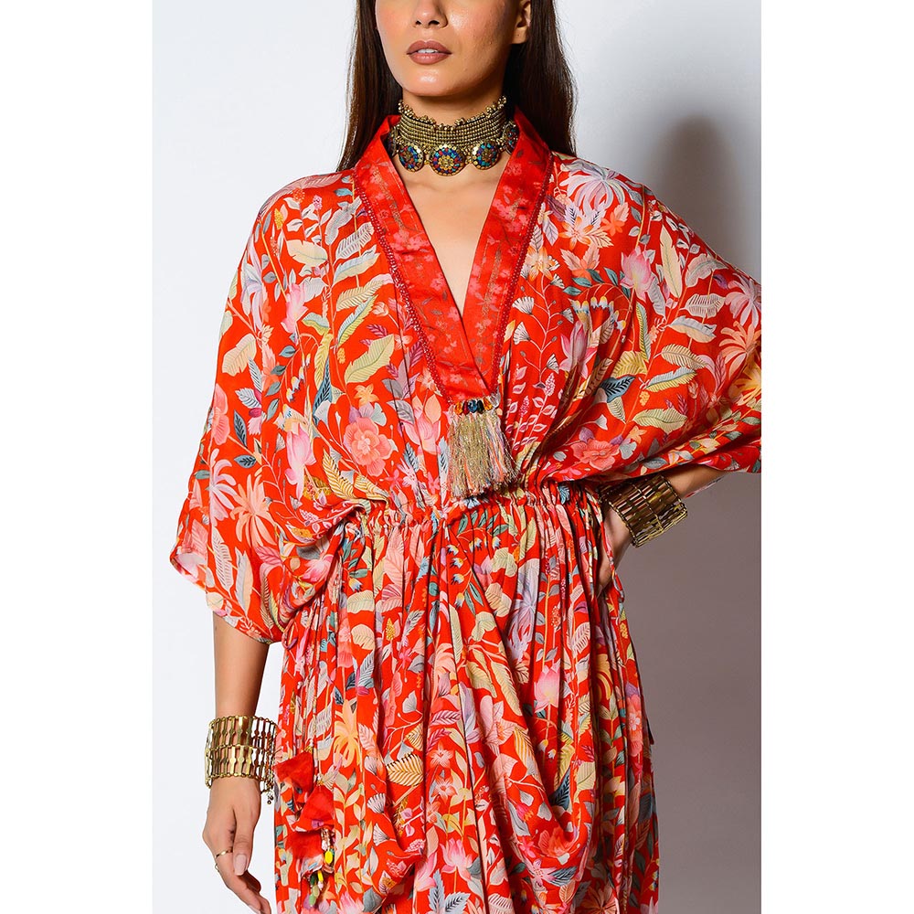 RV Pret Paprika Drape Kaftan with Blooming Fresh Vibes Adorned At Neckline