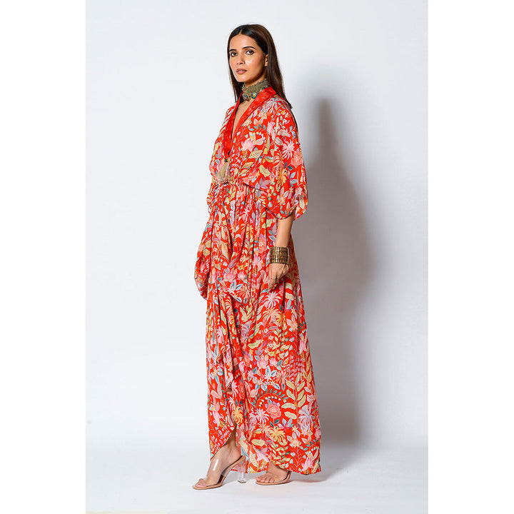 RV Pret Paprika Drape Kaftan with Blooming Fresh Vibes Adorned At Neckline