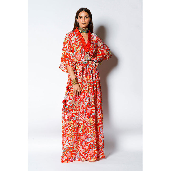 RV Pret Paprika Kaftan with Blooming Fresh Vibes Adorned At Neckline