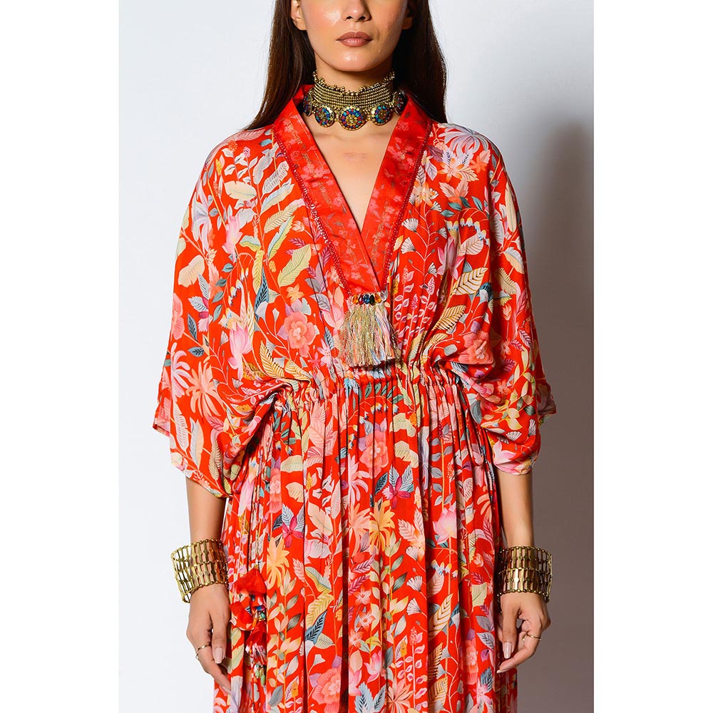 RV Pret Paprika Kaftan with Blooming Fresh Vibes Adorned At Neckline