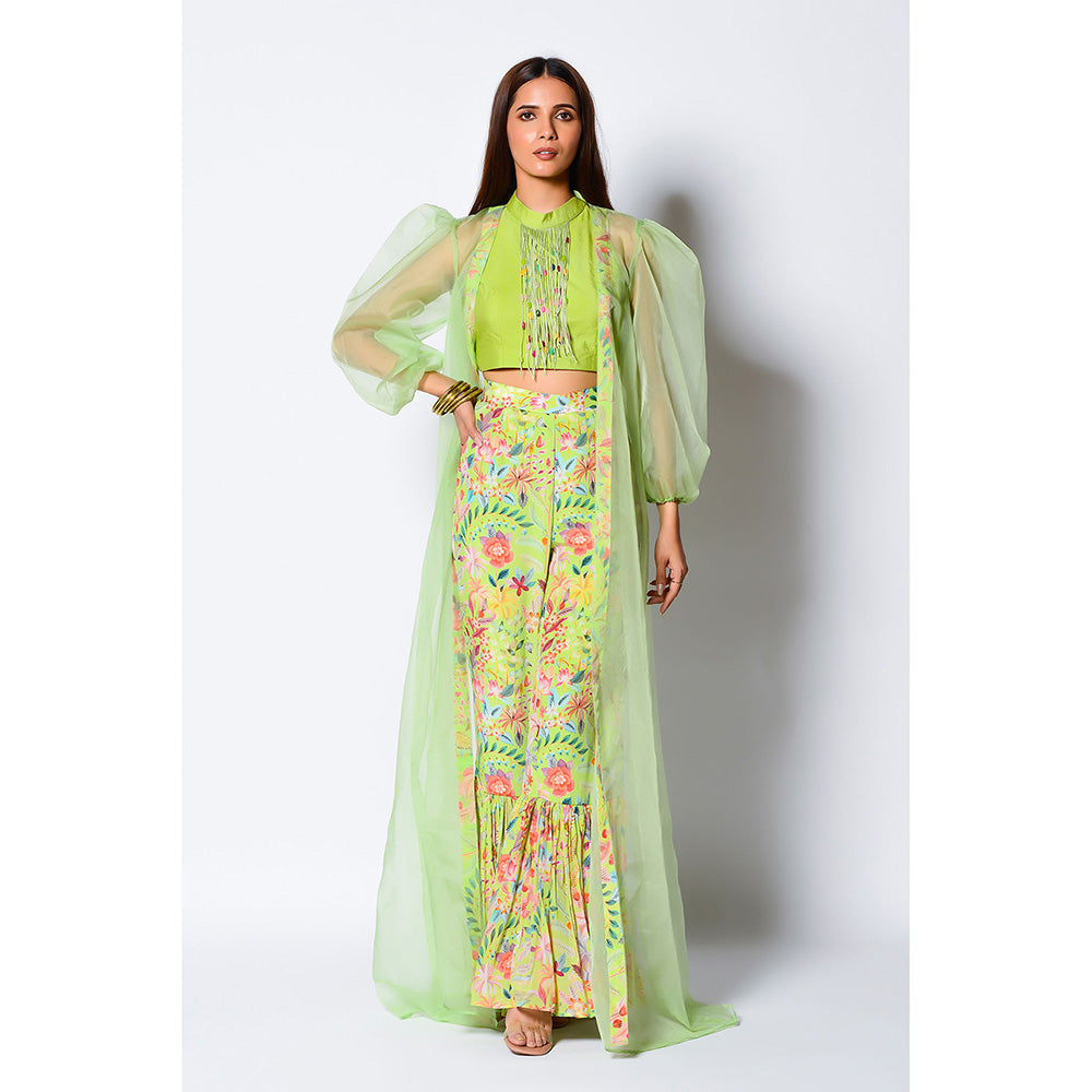 RV Pret Lime Green Crop Top with Cape & Printed Pant (Set of 3)