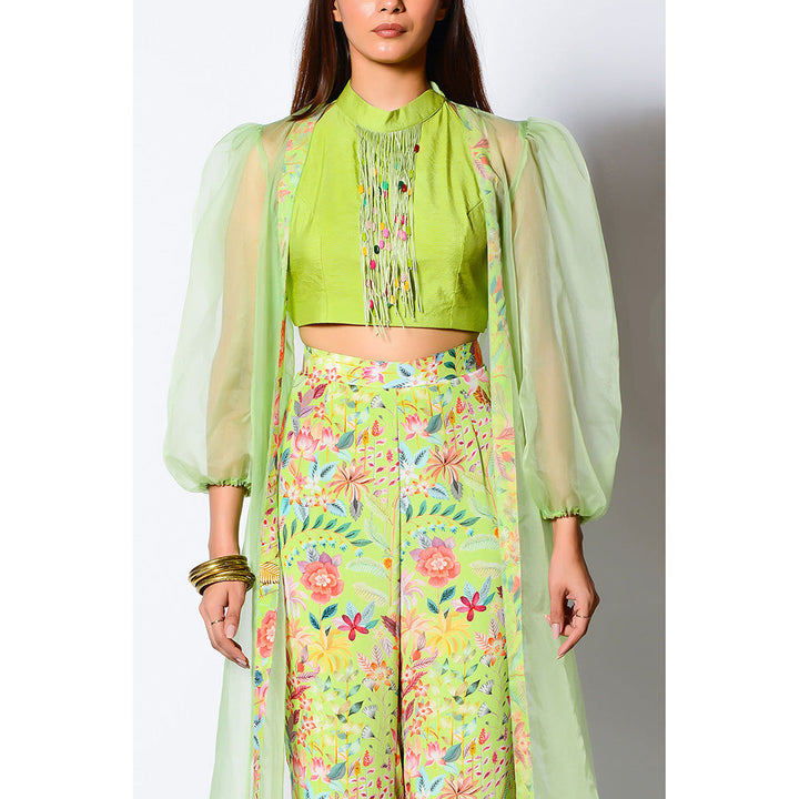 RV Pret Lime Green Crop Top with Cape & Printed Pant (Set of 3)