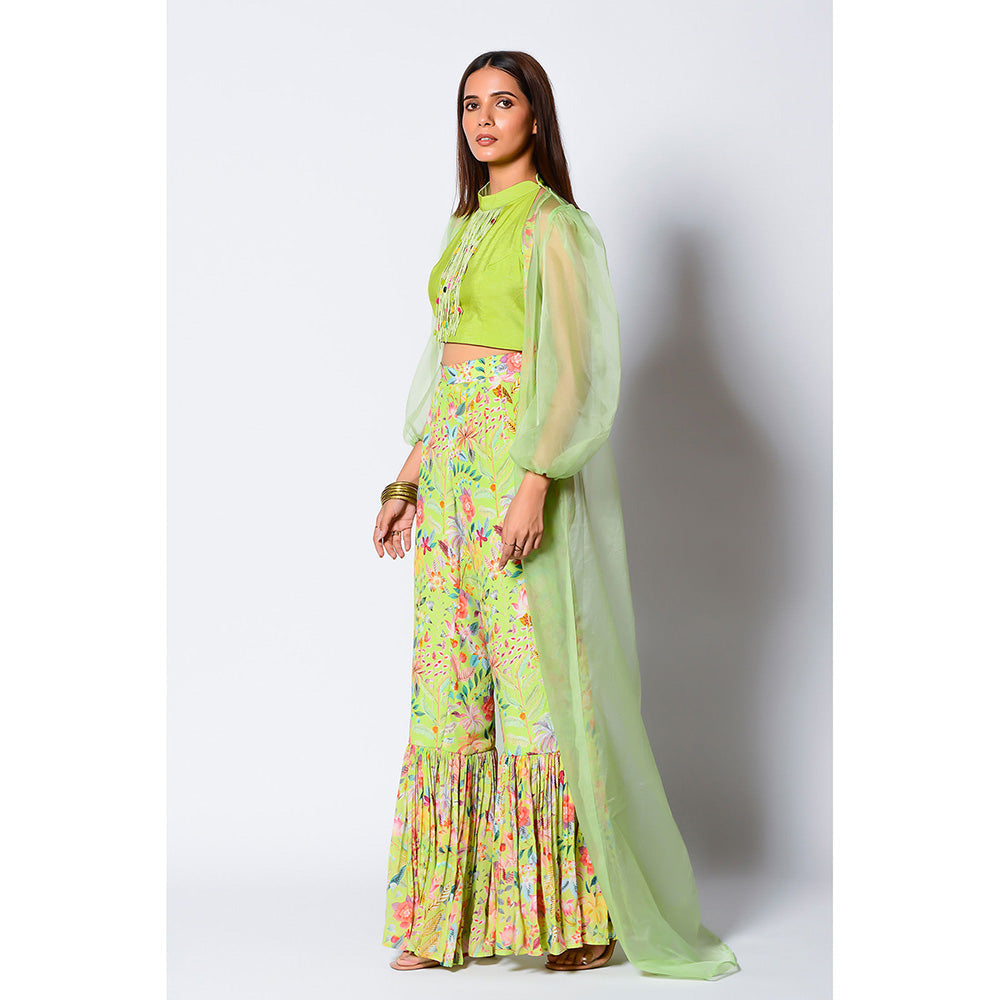 RV Pret Lime Green Crop Top with Cape & Printed Pant (Set of 3)