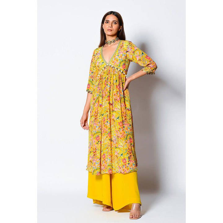 RV Pret Marigold A-Line Kurta Paired with Yellow Crepe Palazzo (Set of 2)