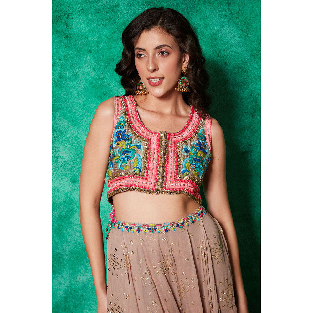 Saaj by Ankita Beige Embroidered Crop Jacket with Drape Flared Pants (Set of 2)