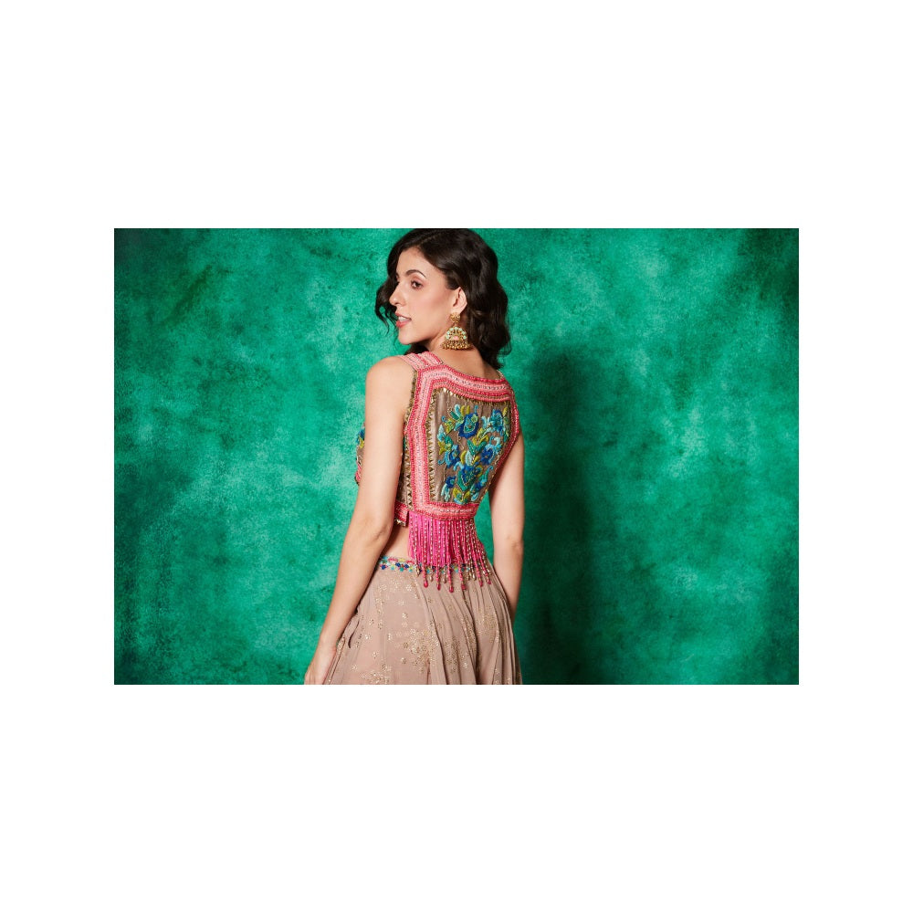 Saaj by Ankita Beige Embroidered Crop Jacket with Drape Flared Pants (Set of 2)