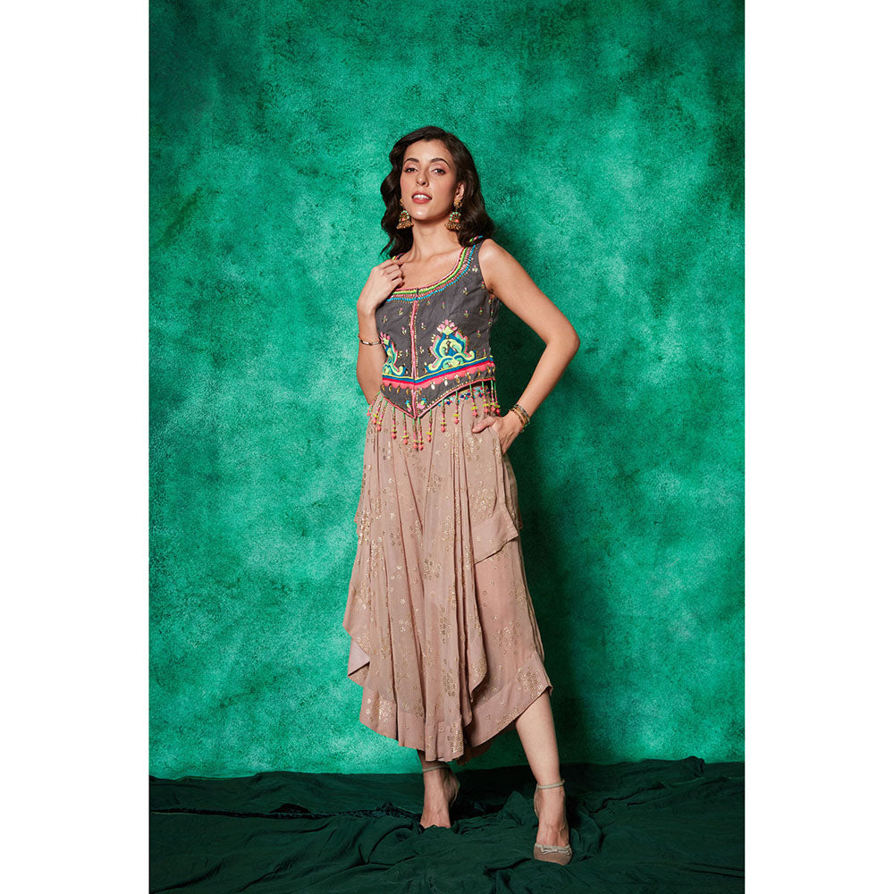 Saaj by Ankita Taupe Embroidered Jacket with Drape Flared Pants (Set of 2)