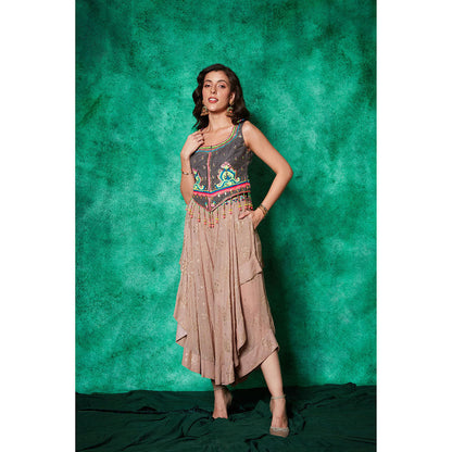 Saaj by Ankita Taupe Embroidered Jacket with Drape Flared Pants (Set of 2)