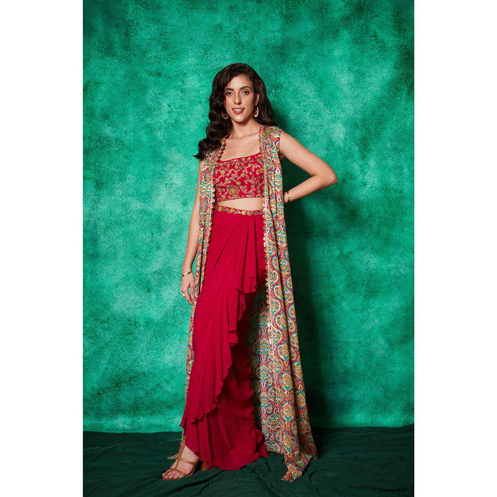 Saaj by Ankita Magenta Drape Ruffle Skirt with Blouse & Long Cape (Set of 3)