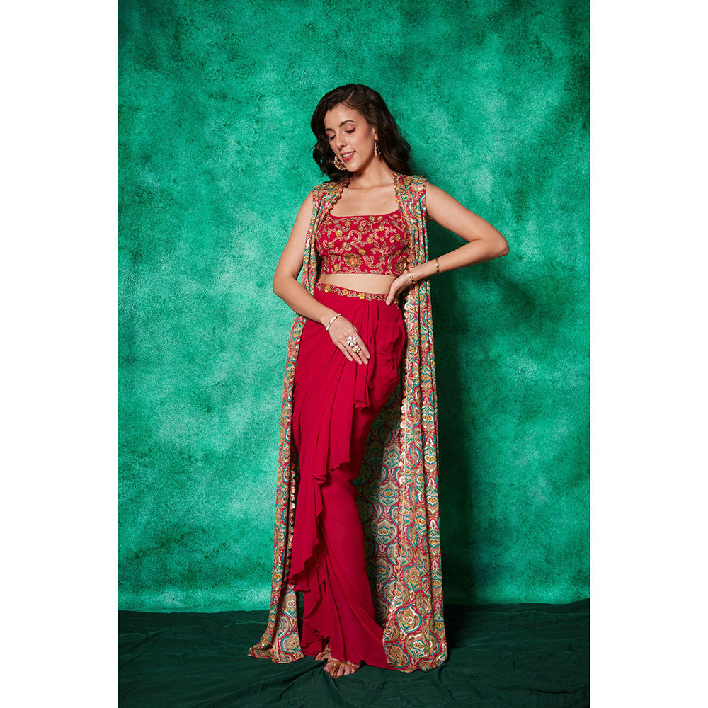 Saaj by Ankita Magenta Drape Ruffle Skirt with Blouse & Long Cape (Set of 3)